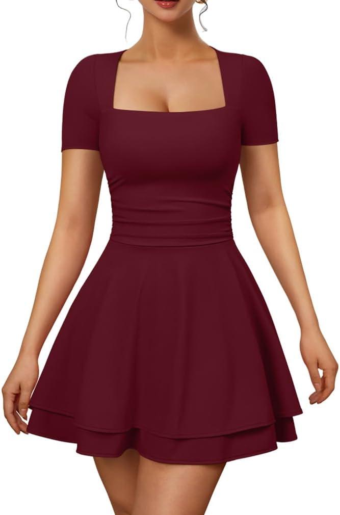 XXTAXN Women's Sexy Square Neck Short Sleeve Ruched Tiered Ruffle Hem Flowy Club Party Mini Dress (Medium, Red)