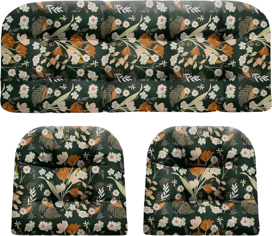 Wicker Chair Cushions, Waterproof Outdoor Loveseat Cushions for Patio Furniture, Tufted Wicker Furniture Cushions, 1 Loveseat and 2 U-Shaped Cushions (Black Floral)