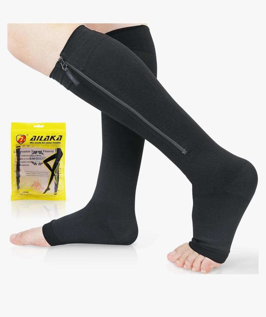 Ailaka Zipper 20-30 mmHg Compression Socks for Women & Men, Knee High Open Toe, L/XL