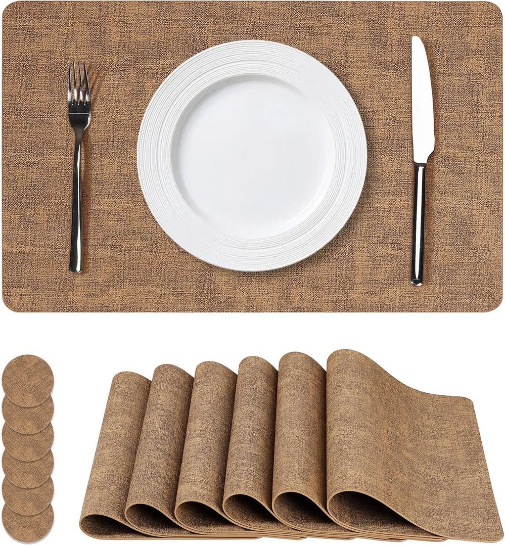 Faux Leather Placemats Set of 6, NCUE 100% Waterproof and Heat Resistant Table Mats, Washable Kitchen Place Mats, Reversible Table Decorative Accessories for Indoor and Outdoor (Light Brown, Set of 6)