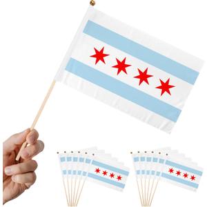 12 Piece Small Chicago Flag 5 x 8 Inch Inserted on Stick Handheld Mini Small Chicago Flag with Safety Spear Top, Patriotic Holiday Yard Decor
