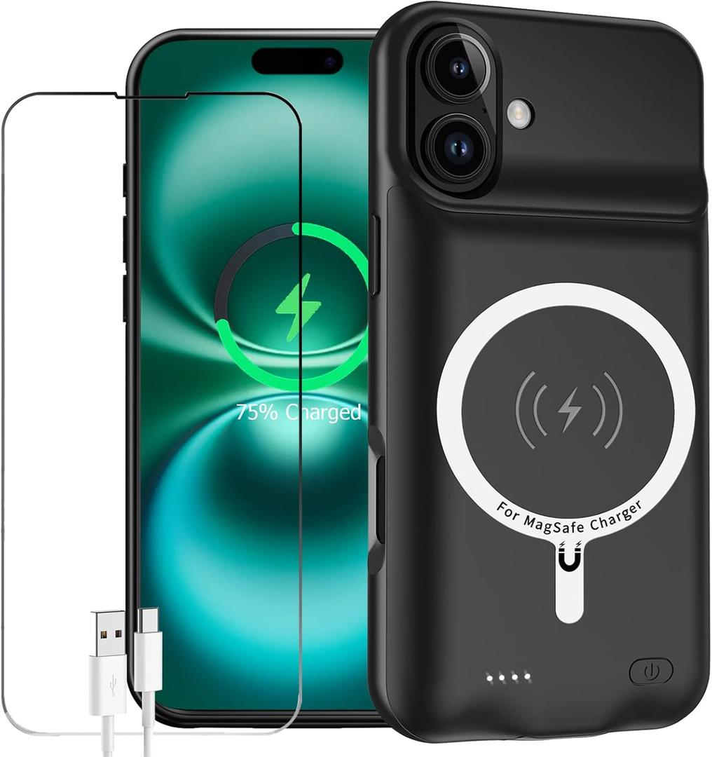 Battery Case for iPhone 16, Enhanced 10000mAh Portable Protective Wireless Charging Case Support Carplay Compatible with iPhone 16 (6.1 inch) Rechargeable Extended Battery Charger (Black)
