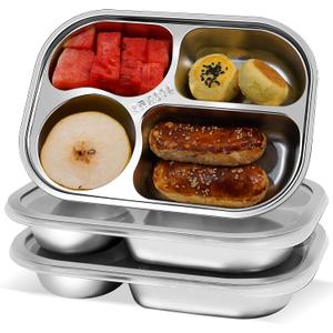 Oval Stainless Steel Snack Containers 3 PCS, Stainless Steel Bento Boxes Adult 4 Compartments,Metal Lunch Boxes with Lid, Divided Food Storage Containers for School Home Travel