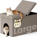 3-in-1 Cat Litter Box Enclosure with Odor Control, Multi-Functional Hidden Litter Box Furniture Bench, Dog Proof, Space-Saving Ottoman Cabinet with Flip-Up Lid, Storage Footrest, Light Grey