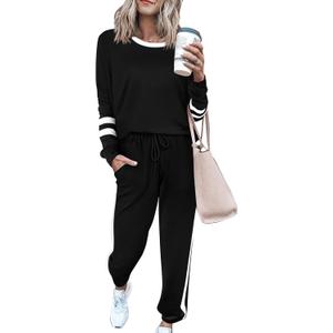 PRETTYGARDEN Women's Spring Fall 2 Piece Lounge Outfit Long Sleeve Crewneck Pullover Tops High Waisted Pants Set Tracksuit (Medium, Striped Black)