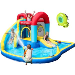 ELEMARA Inflatable Water Slide, 9 in 1 Kids Bounce House with 2 Slides, Pool&Trampoline, Fun Dart Game&Ring-toss Game, Climbing Walls, Bounce House with Blower for Outdoor Indoor, 108.3*106.3*56.3in