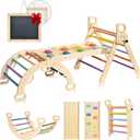 BlueWood Pikler Triangle Set, 7-in-1 Foldable Wooden Toddler Climbing Toys Indoor Playground Jungle Gym Montessori Philosophy Climber for 2-6 Years Old, Baby, Kids (Rainbow)