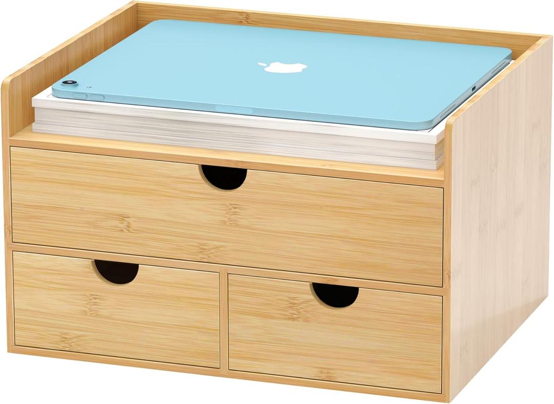 Bamboo Desk Drawer Organizer, Large Desktop Organizer with Drawers Tabletop Storage Organization Box for Office Home Toiletries Supplies Vanity, No Assembly Required (3 Drawer with Shelf) (Small)