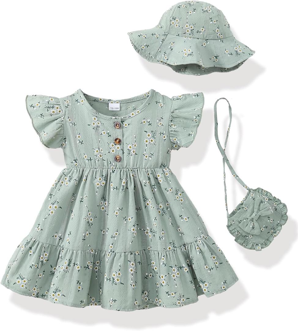 Baby Girl Clothes Toddler Girl Summer Dress Ruffle Fly Sleeve Casual Dresses Sundress for Girls with Hat and Bag (Green, 4-5T)
