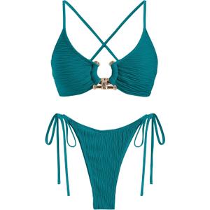 ZAFUL Women's Bikini Sets Ribbed Metal O Ring Criss Cross Two Piece Swimsuit Cheeky High Cut Side Tie Thong Bathing Suit, M