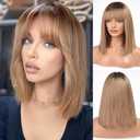 BLONDE UNICORN Ash Brown 14 Inch Bob Wig with Bangs 100% Human Hair,Shoulder Length Wigs for White Women Daily Use 180 Density