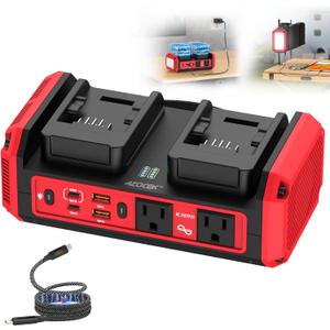 Azocek 350W Power Inverter Pure Sine Wave Compatible with Milwaukee 18V Battery (No Battery), 7A Fast Charger, Portable Power Station with 2 AC Outlets, 2 Type-C (140W/65W), 2 USB Ports, 600LM LED