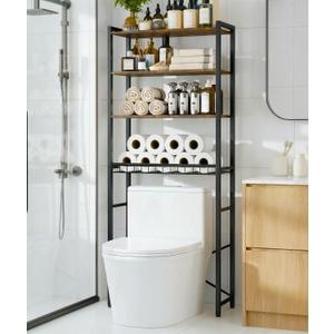 4-Tier Over-the-Toilet Storage Rack with One-Piece Wooden Shelves & Open Net Basket, Bathroom Organizer with Adjustable Feet & Anti-Tip Kit, Space-Saving Toilet Shelf, Brown, 24.4" x 9.4" x 69.3"