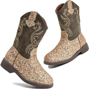 DADAWEN Kids Glitter Square Toe Cowgirl Boots Cowboy Western Boots Boys Girls Mid Calf Riding Shoes With Side Zipper (1 Little Kid, Gold)