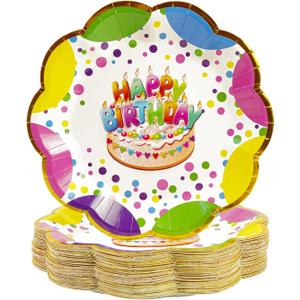 50pcs Happy Birthday Plates 7in Scalloped Colorful Candle Paper Plates Polka Dots Birthday Disposable Rainbow Dots Tableware for Home Brunch Birthday Decorations Party Baby Shower Favors 50