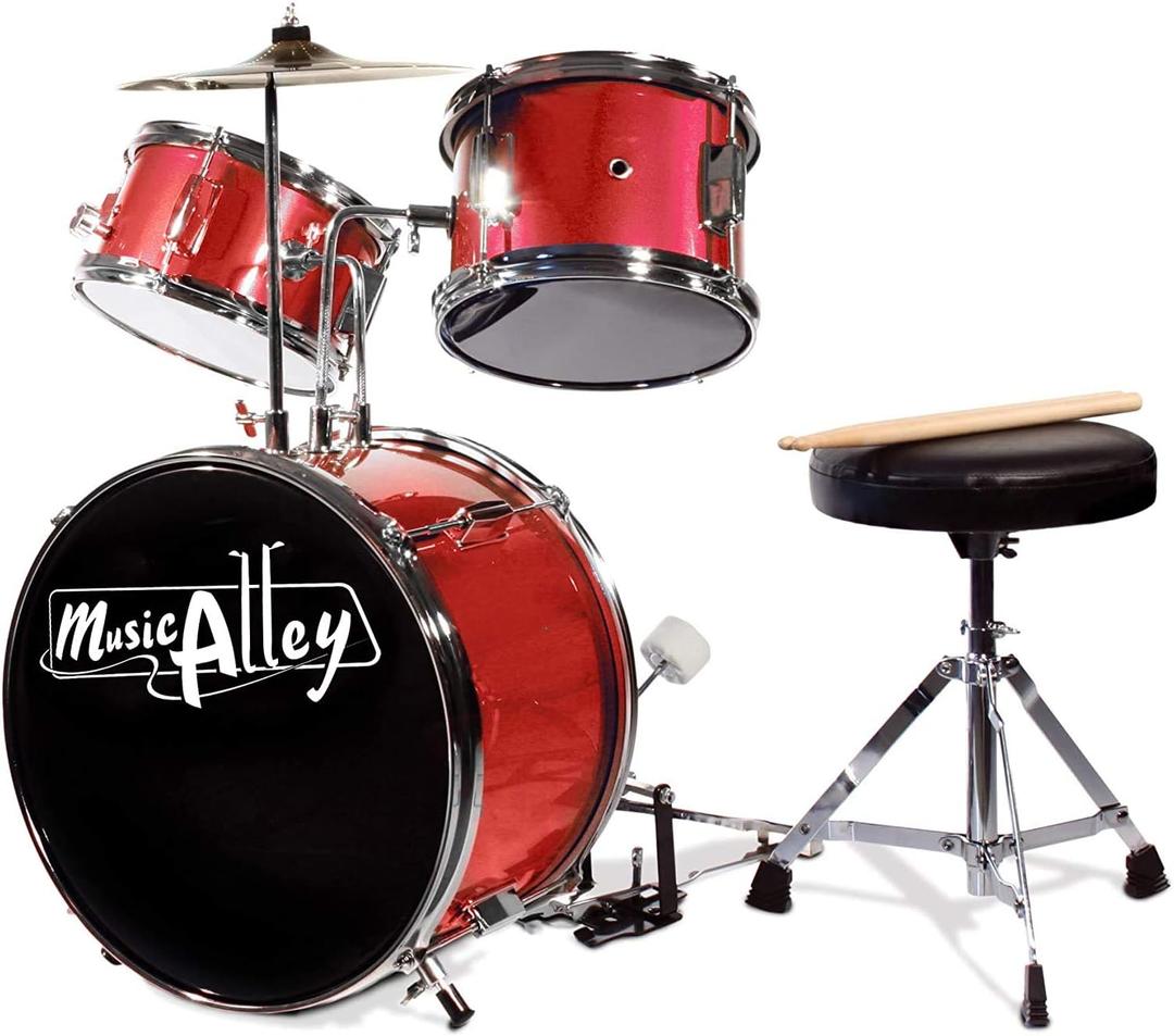 Music Alley 3 Piece Kids Drum Set with Throne, Cymbal, Pedal & Drumsticks, Red, (DBJK02-MR)