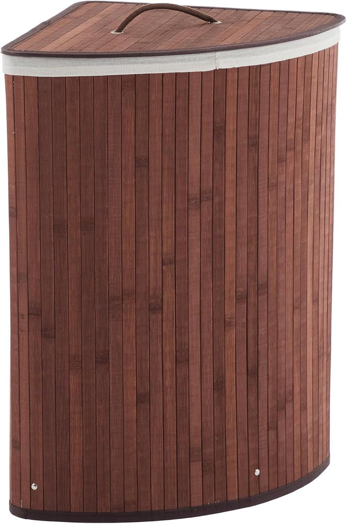 GarveeHome Corner Laundry Hamper with Lid, 15.3 Gal / 58 L Large Foldable Bamboo Laundry Basket with Washable Liner Bag, Wicker Clothes Hamper for Bedrooms Bathrooms Apartments, Brown
