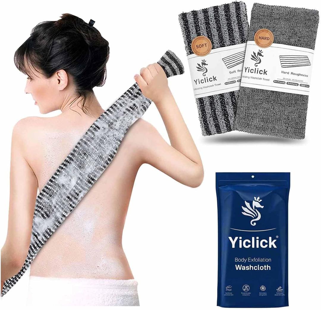 Yiclick 2 Pack Exfoliating Washcloth Towel - Body Scrubber Exfoliator, Loofah Sponge, Korean & Japanse & African Net Sponge Rag - Back Scrubber Washer for Use in Shower Bath (Black)