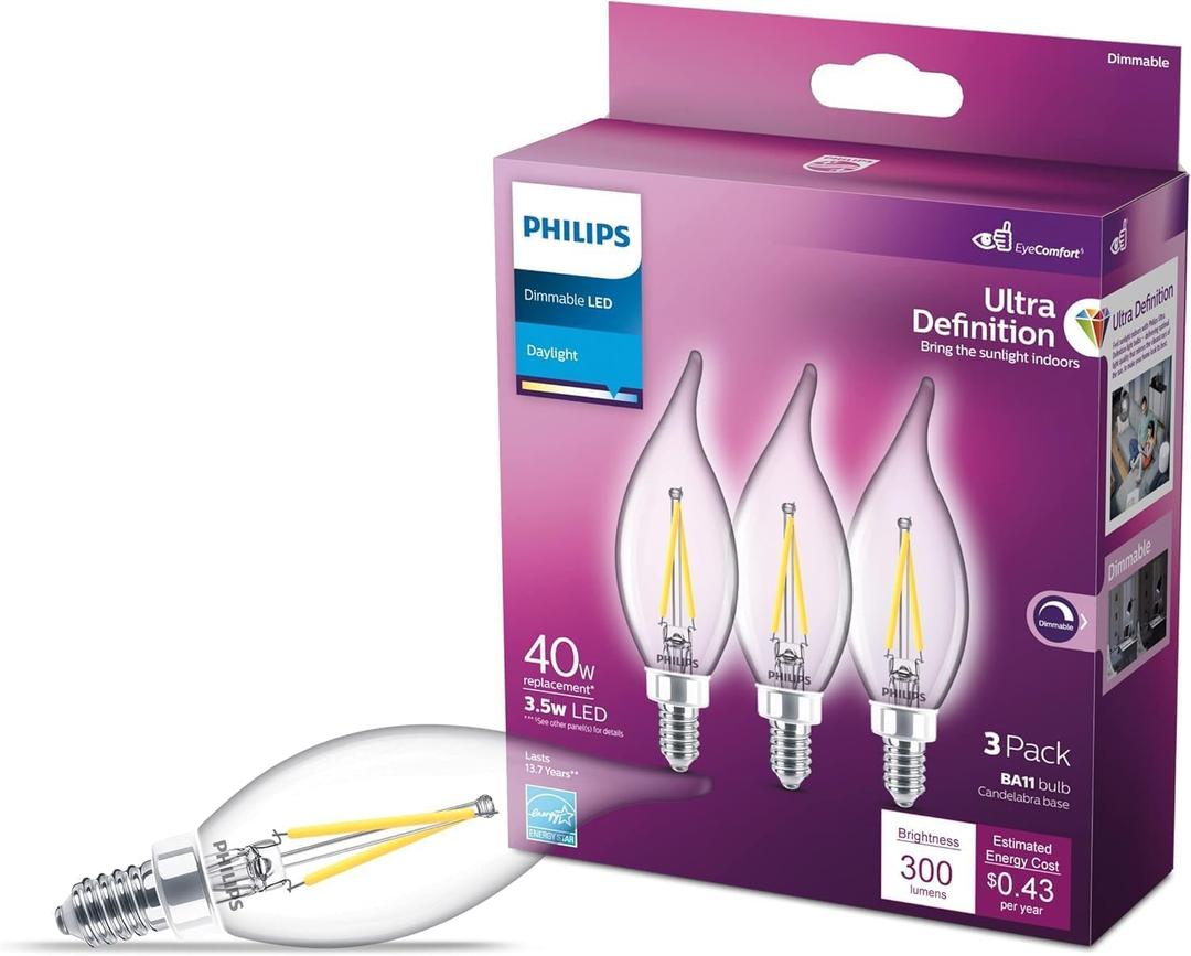 Philips LED 60W BA11 E12 Base 3-Pack Ultra Definition Daylight (5000K) 500 Lumen (5W = 60W) Dimmable Clear Flicker-Free Candelabra Light Bulbs