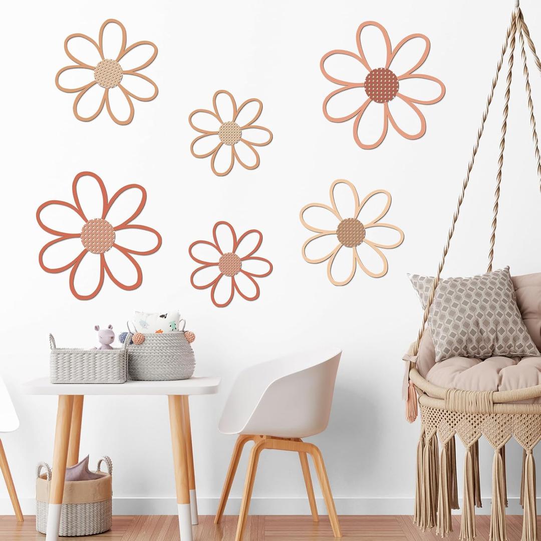 Thyle 6 Pcs Daisy Wall Decor Wooden Daisy Wall Art White Flowers Signs Hanging Plaque for Home Nursery Bedroom Farmhouse Bathroom Decorations Housewarming Gifts (Vivid Style)