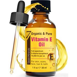 Seven Minerals NEW Ultra Pure Vitamin E Oil - 75,000 IU Full-Spectrum D-Alpha Tocopherol, 1 Fl Oz - 100% Organic Vitamin E Oil for Skin, Face, Hair, and Scars - Naturally Occurring = Not Synthetic (1 Fl Oz (Pack of 1))