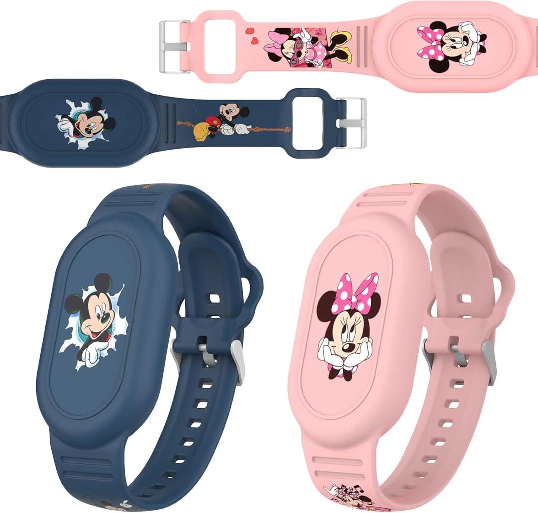 [2 Pack] Kids Wristband Compatible with Samsung Galaxy SmartTag2, Cute Cartoon Silicone Wristband for SmartTag 2 Holder, Full Coverage Hidden Accessories for Child(Dark Blue+Pink)