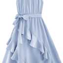Girls Dresses Tween Halter Tie Back Tiered Ruffle A-Line Flowy Dress Summer Sleeveless Sundress Size 5-14 Years (Blue)