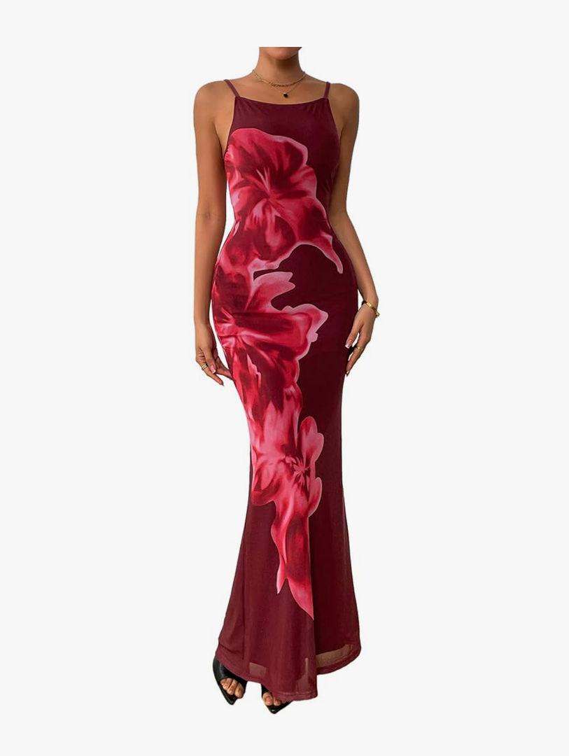 PRETTYGARDEN Womens Summer Dresses 2025 Elegant Spaghetti Straps Evening Gown Floral Print Bodycon Maxi Mesh Sundress Large