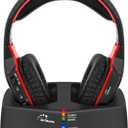 WallarGe Wireless Headphones for TV Watching with RF Transmitter Charging Dock, Plug and Play, 100 Ft Wireless Range, Rechargeable 20 Hour Battery (Black with Red)