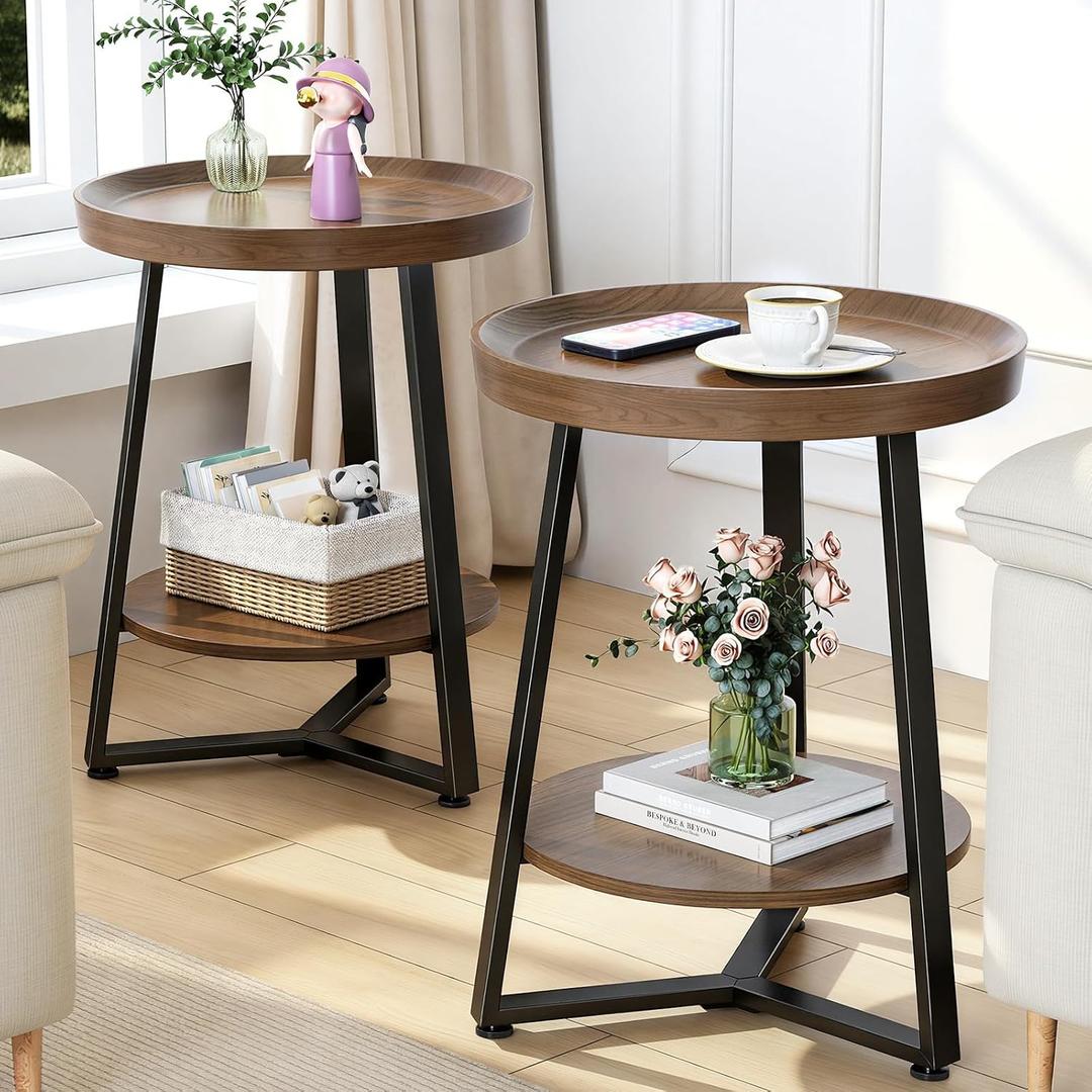 Round End Table Set of 2, 2-Tier Tray Top Side Table Decor Table, Ultra Stable Coffee End Table/Nightstand, Modern Farmhouse Couch Table for Living Room, Bedroom, Bedside Stand or Small Spaces, Walnut, 2 Pcs 2-Tier