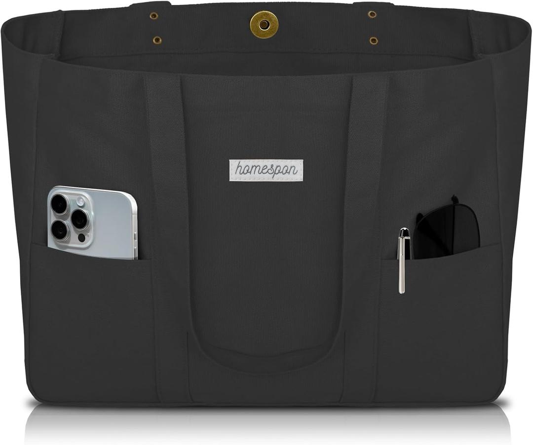 HOMESPON Large Canvas Tote Bag for Women Everything Bag with Pockets and Laptop Sleeve (Black)