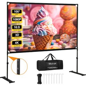 Projector Screen with Stand, 100 Inch Projection Screen, 16:9 HD 4K Outdoor Projector Screen for Outdoor Parties Movie Nights, Film Festivals, Business Presentations, Conferences, Family