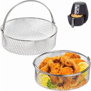 Elsjoy 2 Pack Air Fryer Baskets, 8 Inch Air Fryer Replacement Accessory Mesh Basket with Handle, 18/8 Stainless Steel Steamer Basket for Instant Pot, Oven, Steamer