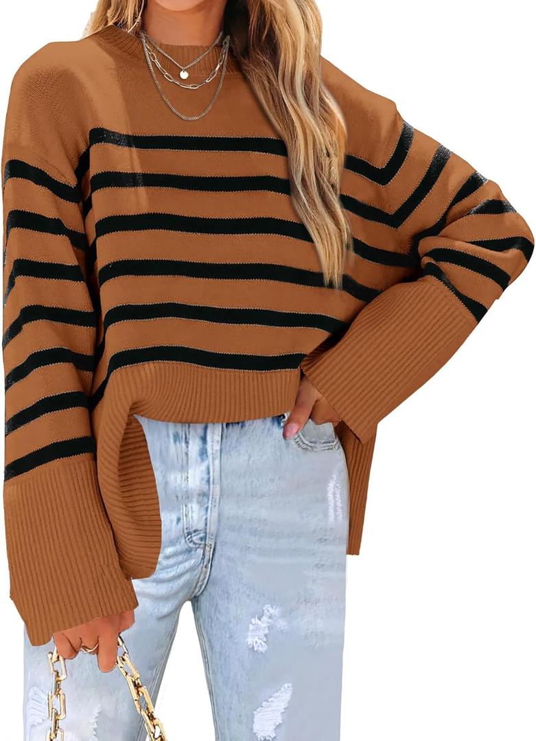 Womens Sweaters Fall 2025 Overiszed Striped Long Sleeve Side Slit Loose Pullover Sweaters Knitted Tops (X-Large, Brown)