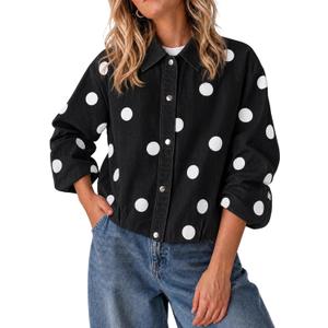 Cicy Bell Womens Polka Dot Denim Jackets Button Down Casual Fall Jean Coats Medium