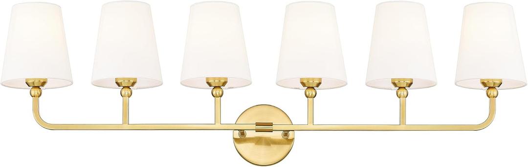 Bathroom Light Fixtures, 42 Inch Brushed Gold Vanity Lights with Flared White Fabric Shade, 6-Light Wall Sconce, Modern Sconces Wall Lighting for Hallway Bedroom, VL837-BG-6