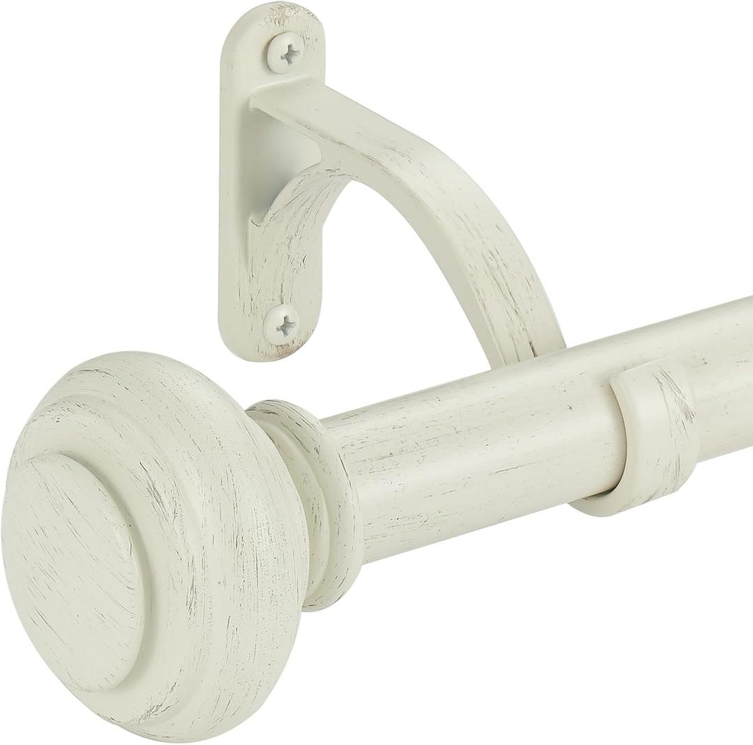 72-144 Inches Curtain Rods for Window, Vimayta 1 Inch Diameter Drapery Rod with Resin Finials, Ideal Adjustable Heavy Duty Single Curtains Rod for Bedroom, Living Room Decoration, White Wood Grain