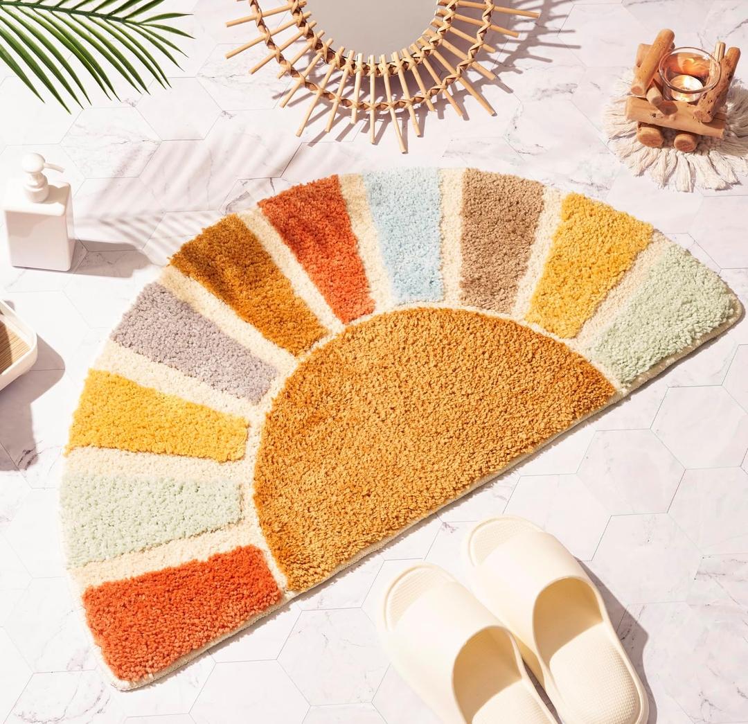 Large 37" x 20" Sunrise Boho Bathroom Rugs,Half Circle Bath Mat Cute,Sun Bath Mats,Retro Bohemian Half Round Home Bathroom Decor,Small Colorful Fun Semi Round Shower Rug Non-Slip