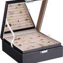 BEWISHOME Ring Organizer and Earring Box Holder - 11 Ring Slots, 25 Earring Compartments, Large Mirror, 2 Layers Jewelry Box Tray Cufflinks Storage for Girls Women Men, Black Faux Leather SSH21B