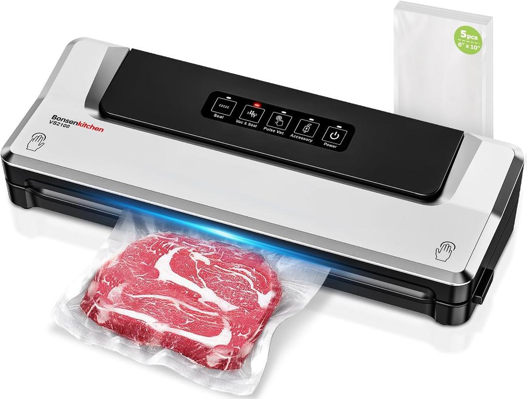 [Updated 2025] Bonsenkitchen Vacuum Sealer Machine + 5 Vacuum Bags, Fast-Compact/Multi-Functional Food Vacuum Sealer with External Vacuum System, Silver