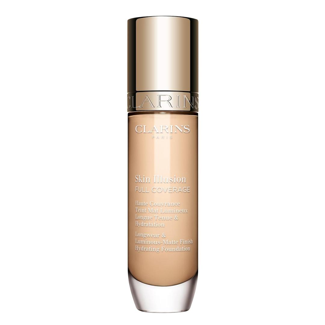 Clarins Skin Illusion Longwear Full Coverage Foundation |Luminous Matte Finish|24H Hold and 24H Hydration |Natural Looking |Transfer, Sweat and Smudge Proof| Contains Hyaluronic Acid|1 Fl Oz (100.4N Light beige with neutral undertones)