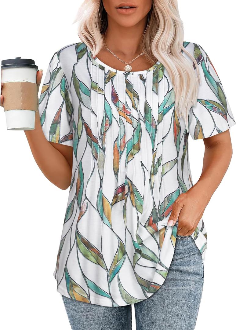 Womens T Shirts Short Sleeve Tops Dressy Casual Blouses Pleated Front Summer Outfits 2026 (Medium, Colorful Leaves)