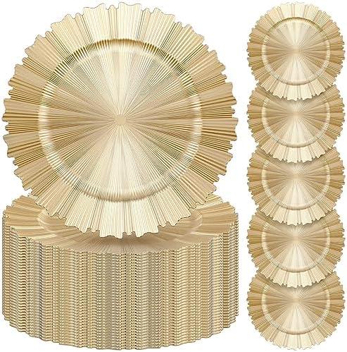 Mifoci 50 Pcs Champagne Gold Charger Plates Bulk 13 Inch Plastic Round Chargers Fluted Edge Dinner Plate Wedding Decoration for Table Setting Wedding Party Event Tabletop