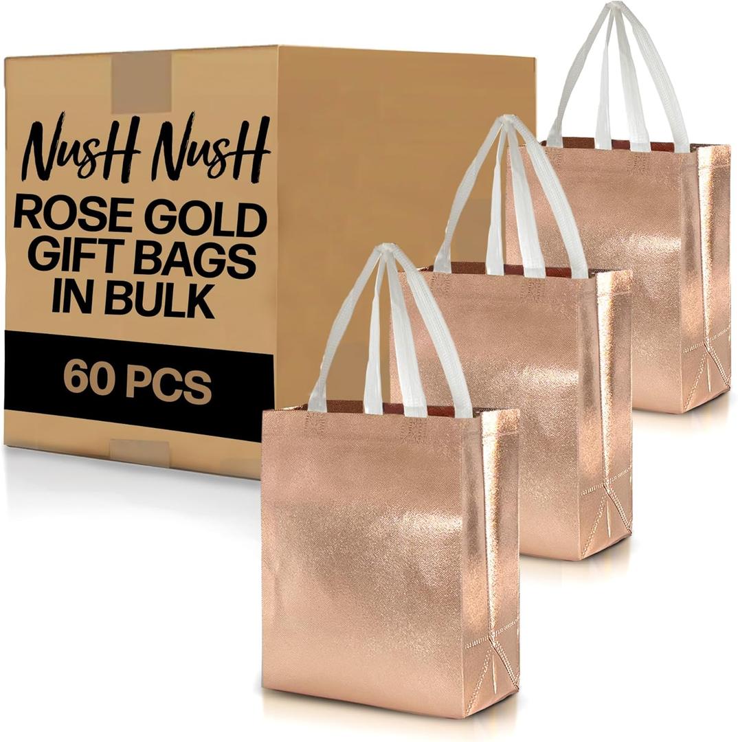 Nush Nush Set of 60 Shiny Rose Gold Gift Bags in Bulk, Reusable With White Handles, Medium Size, Perfect As Goodie/Birthday Gift Bags, Party Favor Bags, 8Wx4Dx10H Size