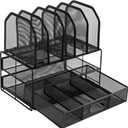 Amazon Basics Mesh Desk Organizer with Sliding Drawer, Double Tray and 5 Upright Sections, Black