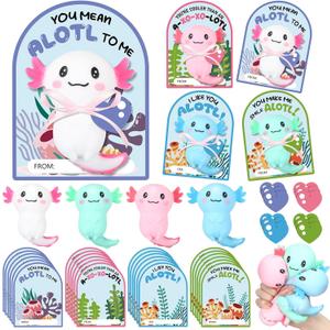 12 Sets Axolotl Valentines Day Gifts Bulk Large Axolotl Stress Relief Toys with Heart Cards Opp Bags Valentine Party Favors for Exchange Gift Rewards