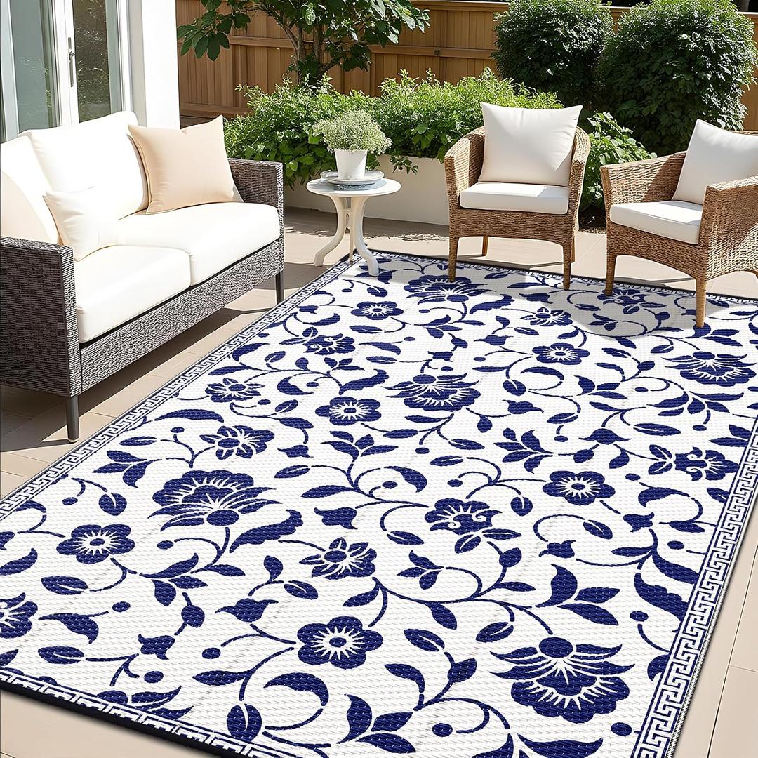 OLANLY Waterproof Outdoor Rug 8x10 ft, Outdoor Plastic Straw Rug with Flower Pattern, Reversible RV Mat for Patio, Camping, Balcony, Deck, Backyard, Navy & White