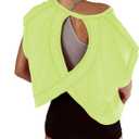 Kumufenc Women Short Sleeve Workout Shirts Open Back Tops Casual Yoga Y2k Athletic Gym Slouchy Crop Running Tees, Medium