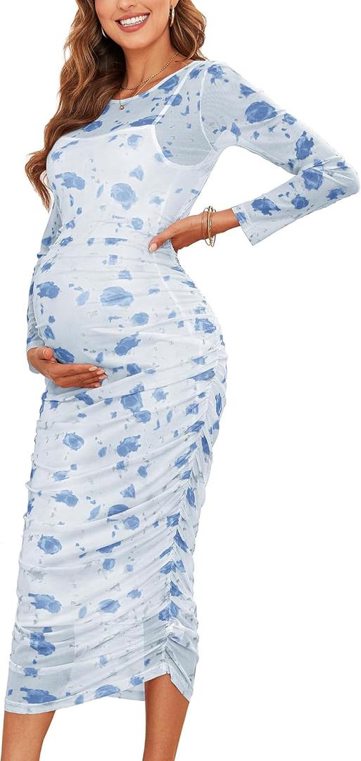CYCLAMEN 2024 Maternity Mesh Dress Ruched Side Round Neck Pregnancy Dresses Baby Shower Wedding Guest Cocktail Party, Floral Light Blue, M