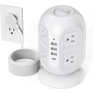 SUPERDANNY 10ft Flat Plug Tower Power Strip with Surge Protection - 8 AC Outlets & 4 USB Ports (1 USB-C) Charging Station, with Long Flat Extension Cord, for Home/Office/Dorm (White)